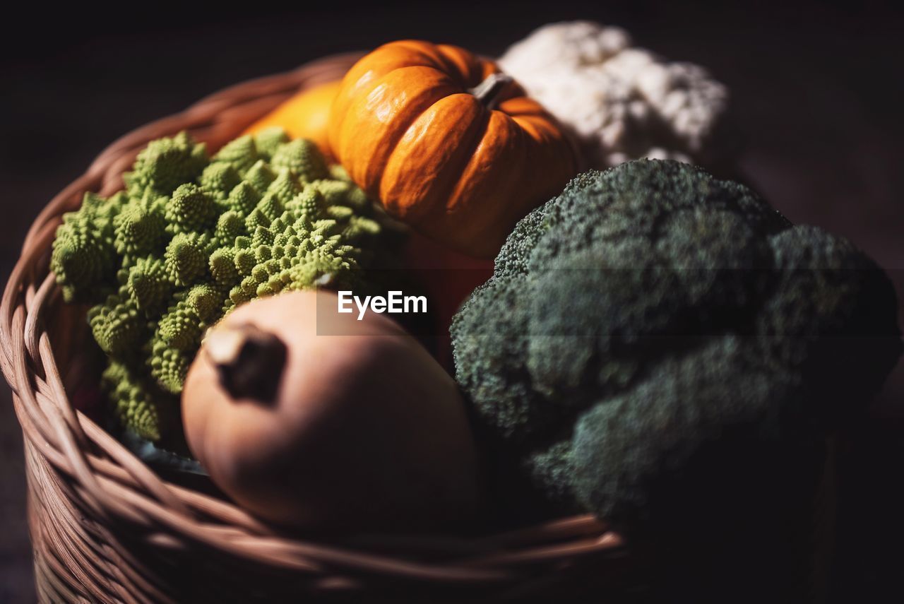 Close-up of pumpkin and broccoli