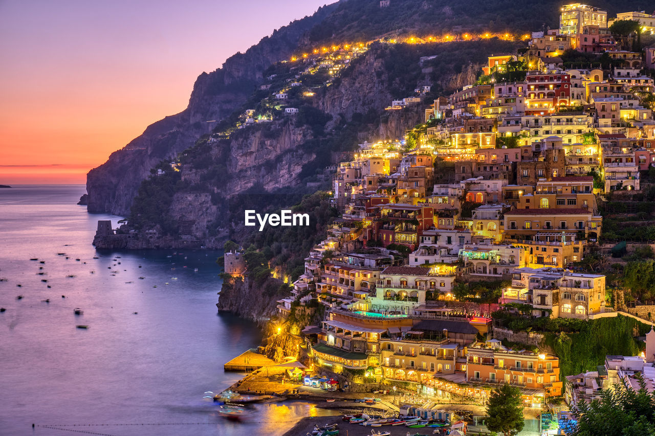 The famous village of positano on the italian amalfi coast after sunset