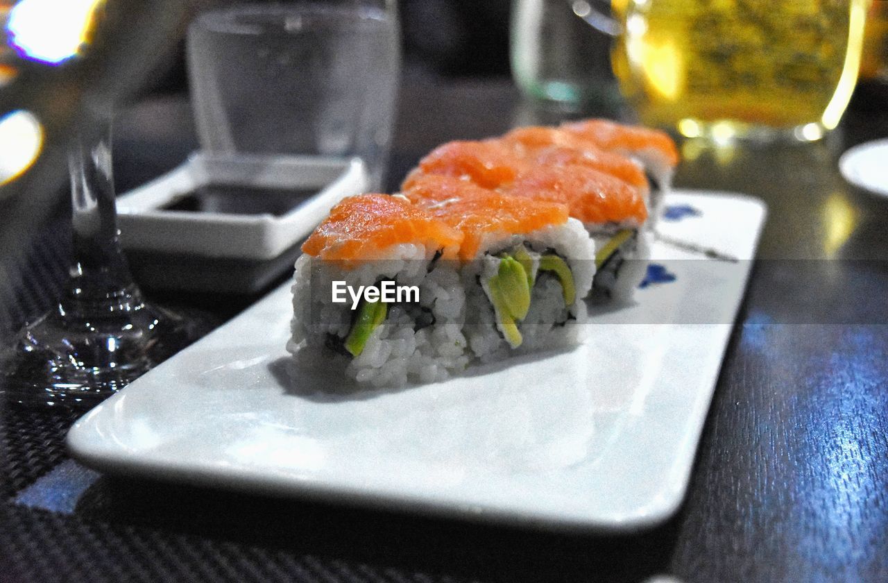 Close-up of sushi in plate on table