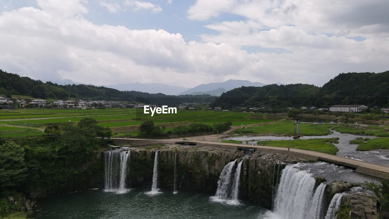 SCENIC VIEW OF RIVER FLOWING THROUGH MOUNTAINS AGAINST SKY