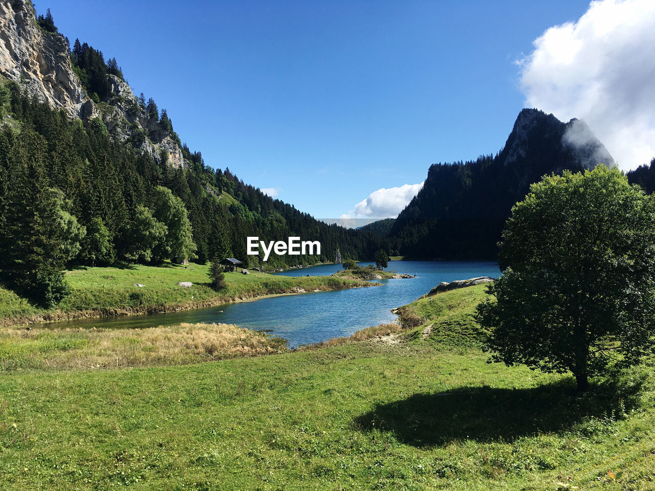 SCENIC VIEW OF LANDSCAPE AND LAKE AGAINST SKY