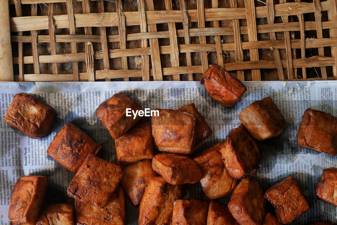 High angle view of bread in basket on table