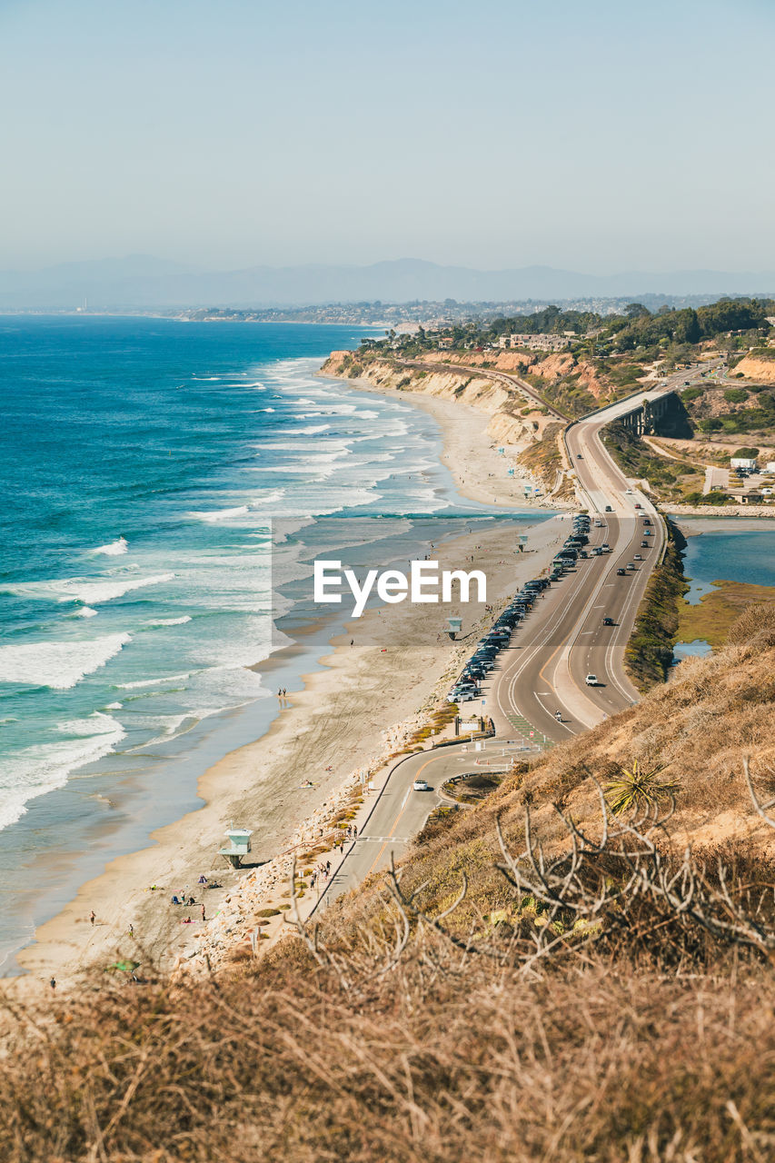 High angle view of beach against clear sky