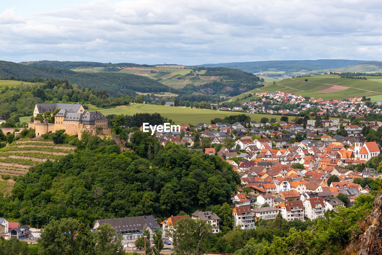 Scenic view from rheingrafenstein at city bad muenster am stein-ebernburg with castle ebernburg