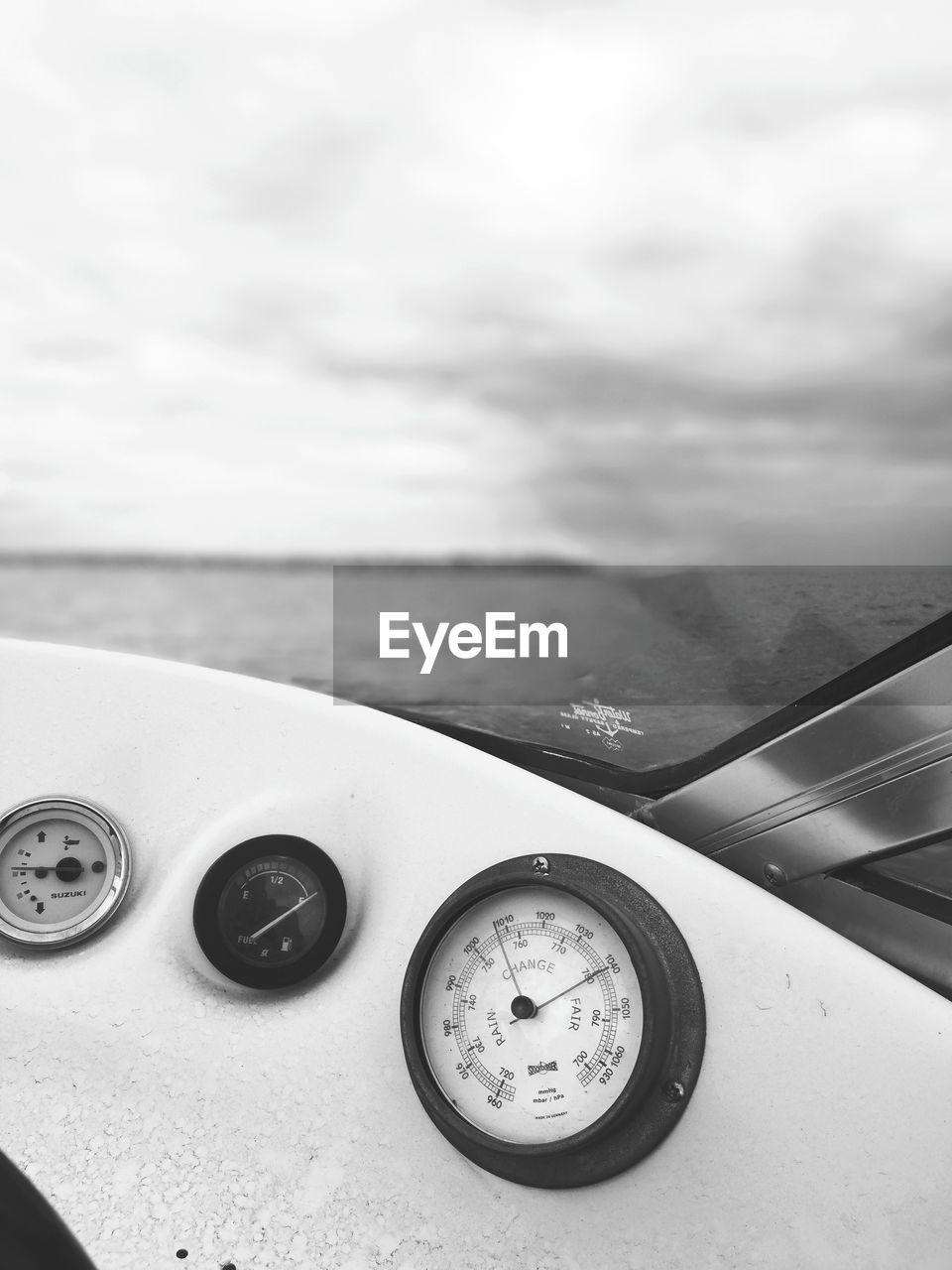 Speedometer in boat on sea