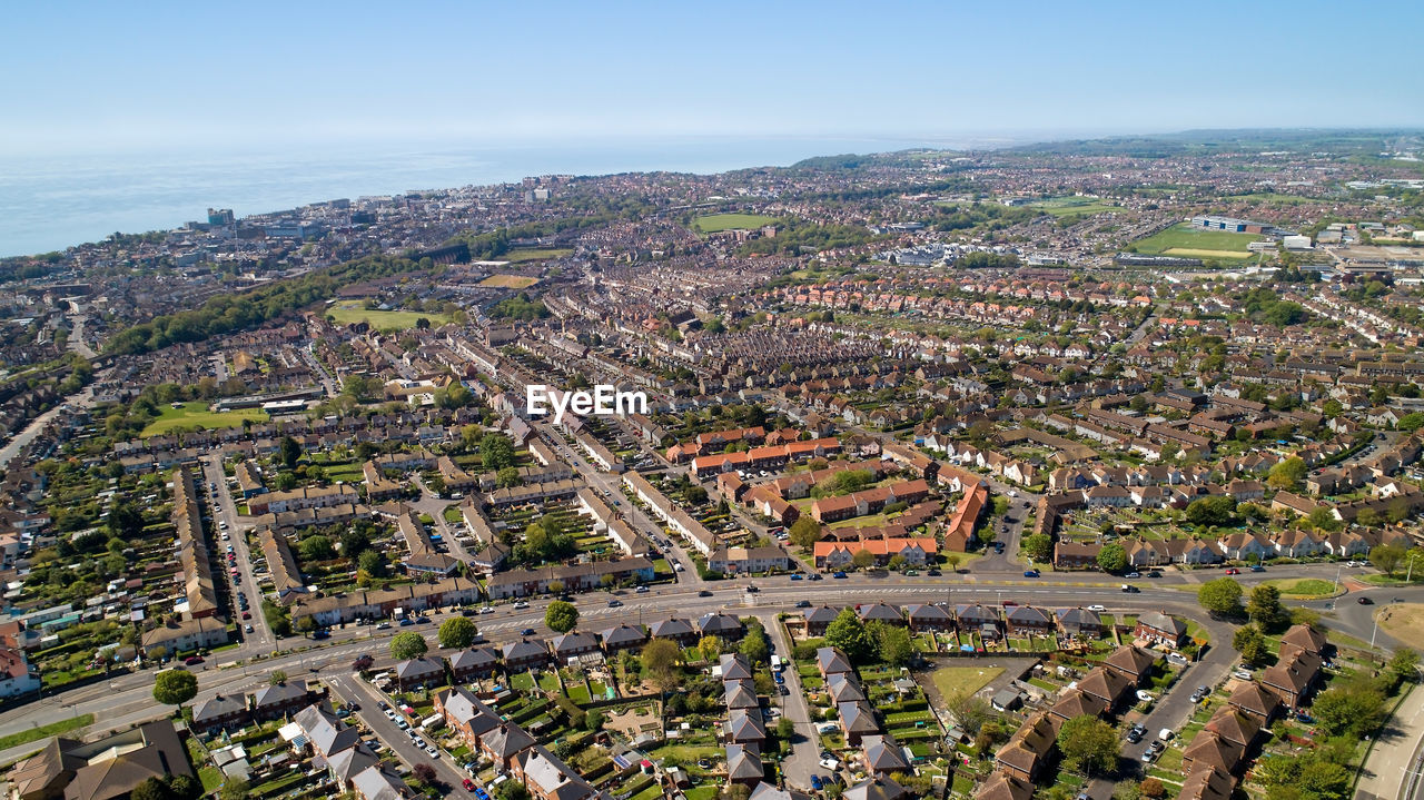 High angle view of city street against sky