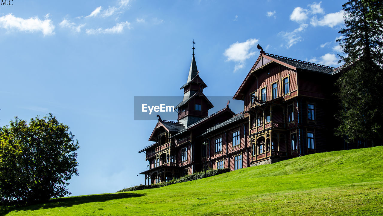 LOW ANGLE VIEW OF HOUSES ON FIELD AGAINST SKY