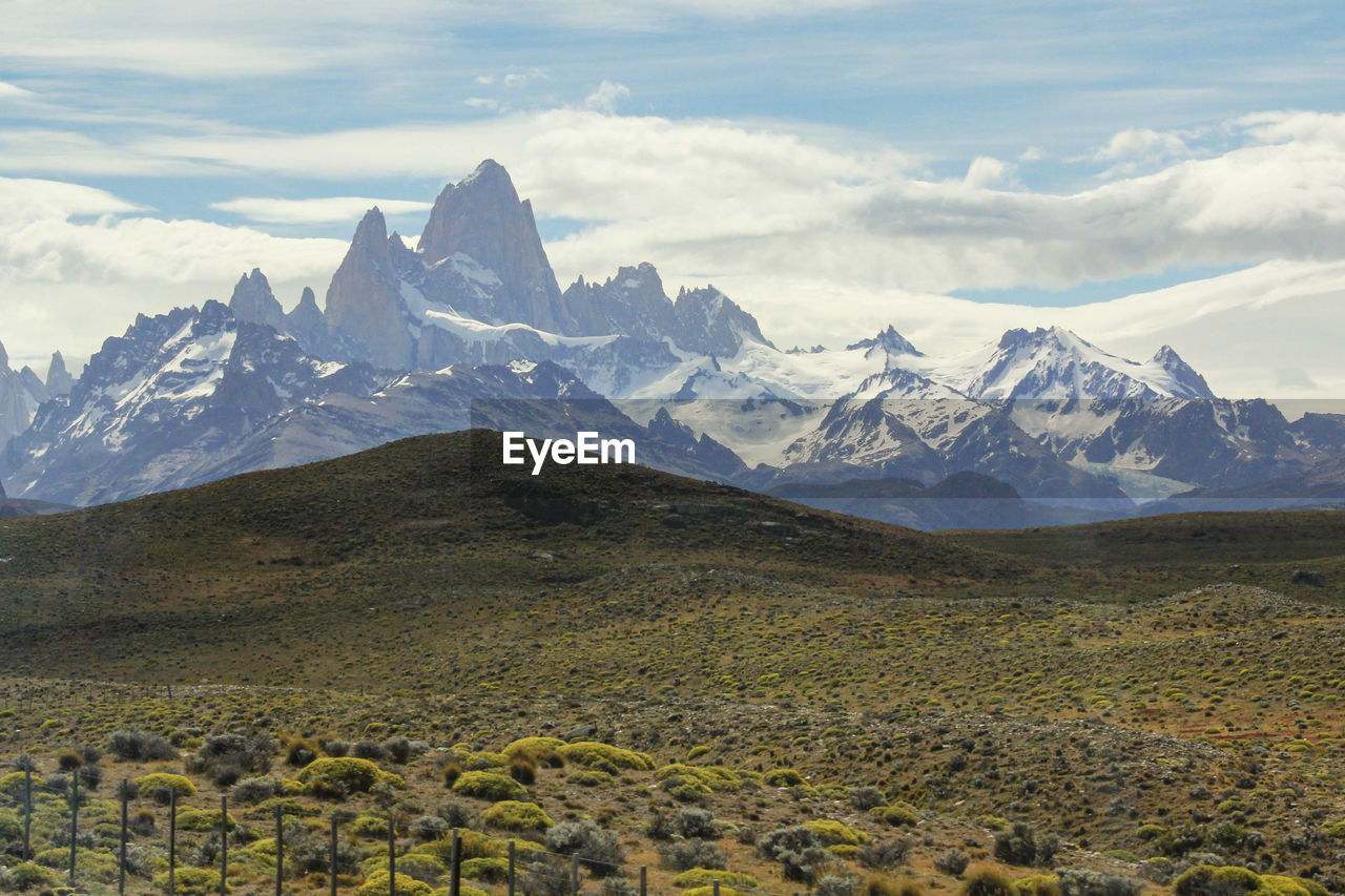 Scenic view of snowcapped mountains against sky at fitz roy range