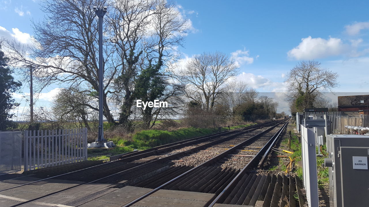 Railroad tracks amidst bare trees against sky