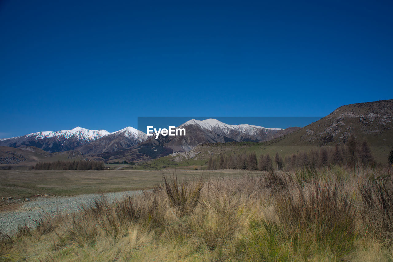 Amazing scenic view of snow capped mountains range in new zealand.