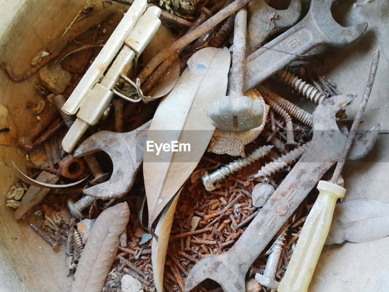 High angle view of tools in box