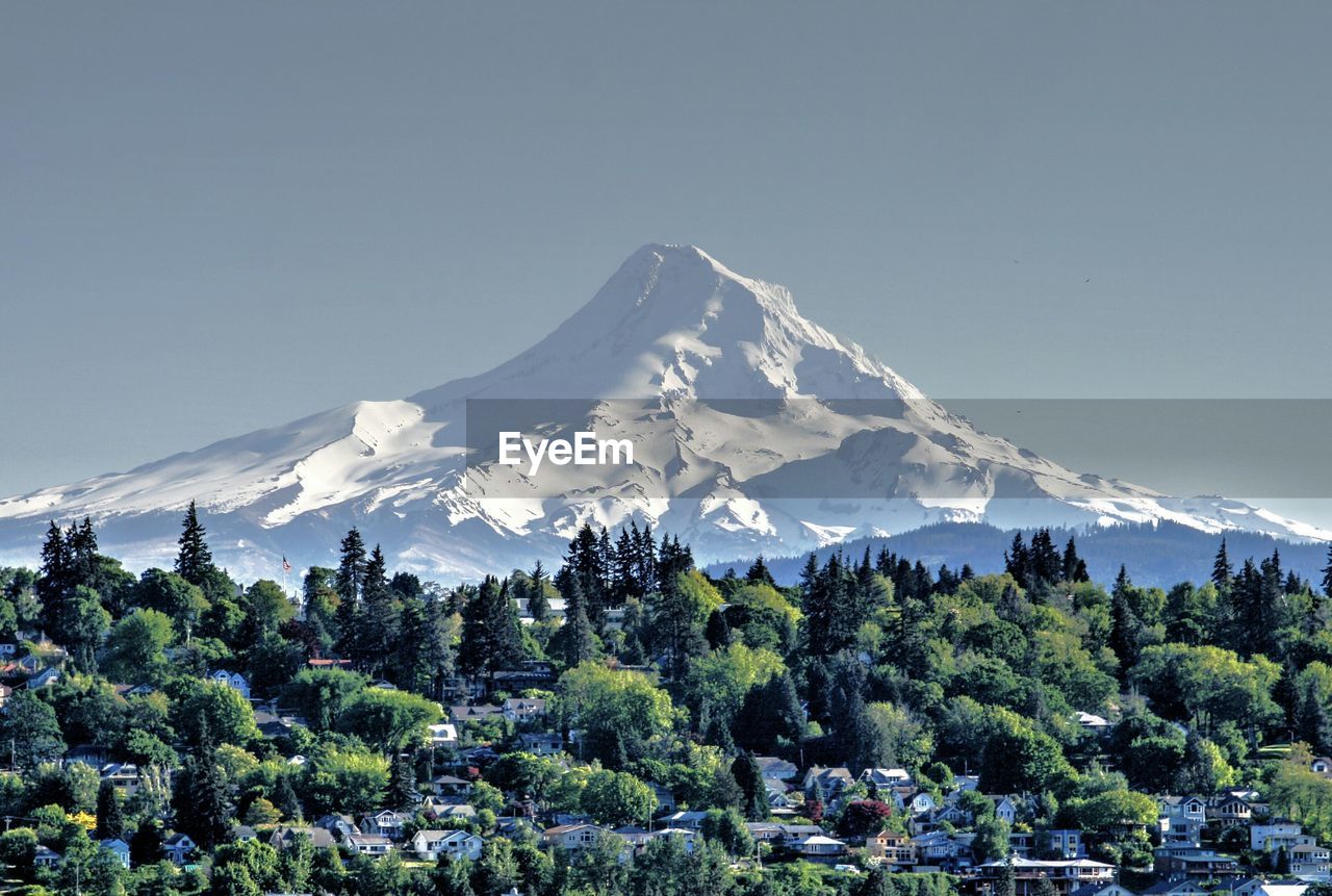 Scenic view of snowcapped mountains against clear sky