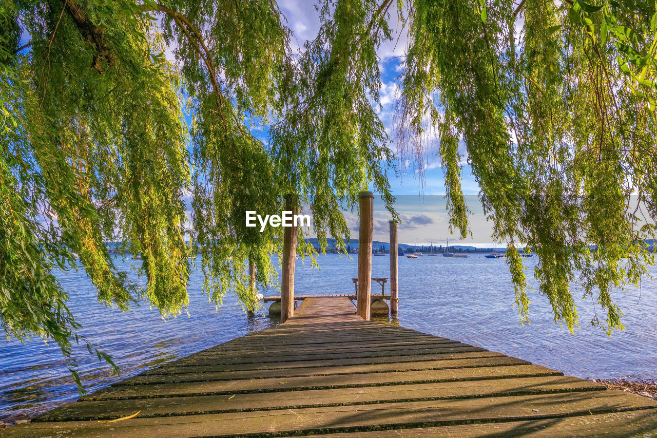 Wooden pier on the lake shore of lake constance in summer with sunshine and blue sky