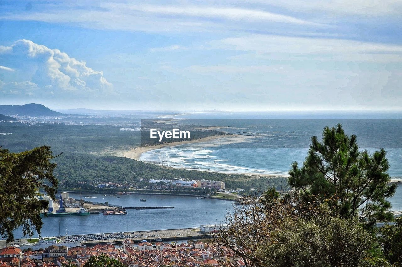 HIGH ANGLE VIEW OF SEA AND TREES AGAINST SKY