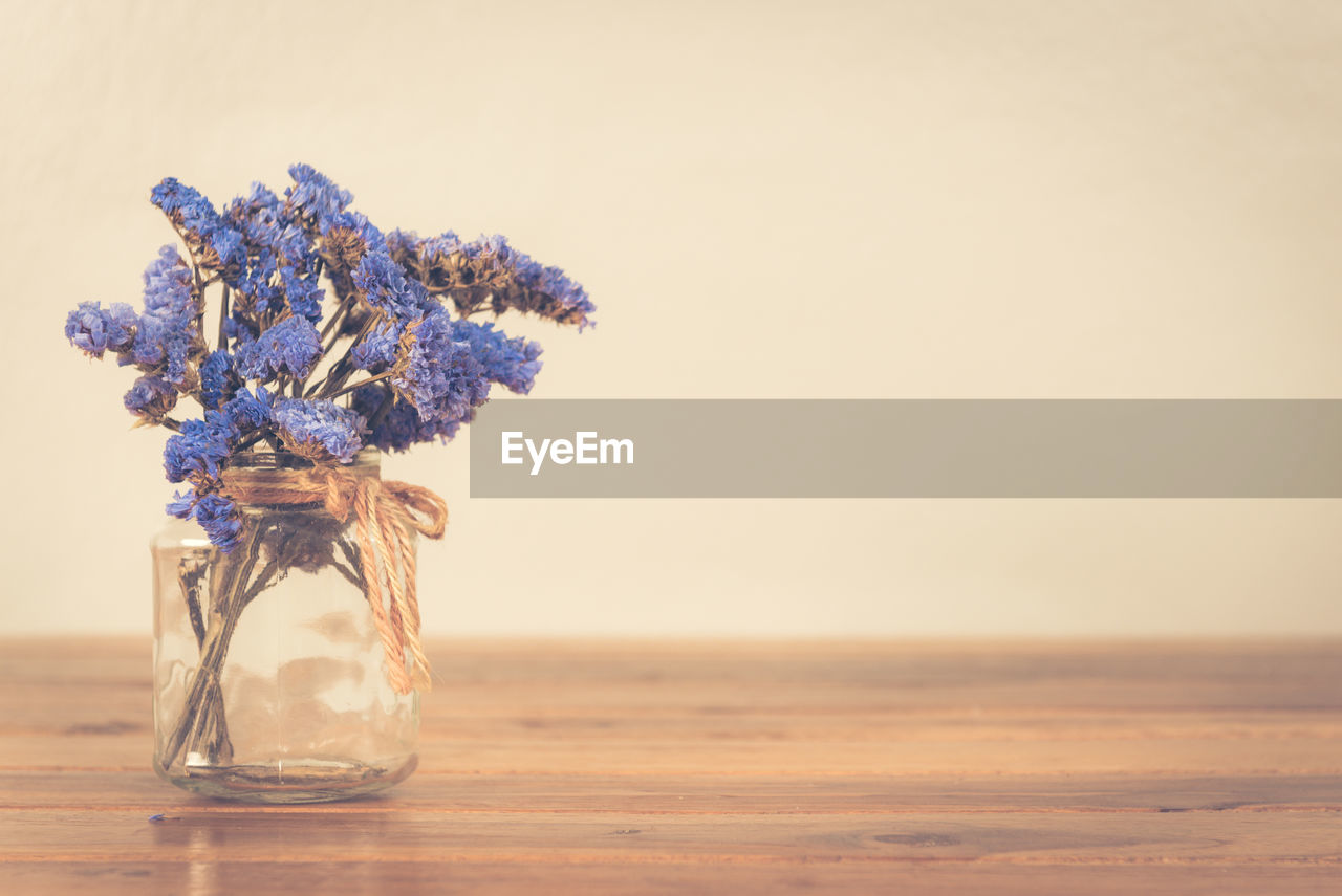 CLOSE-UP OF WILTED FLOWER IN VASE ON TABLE AGAINST WALL