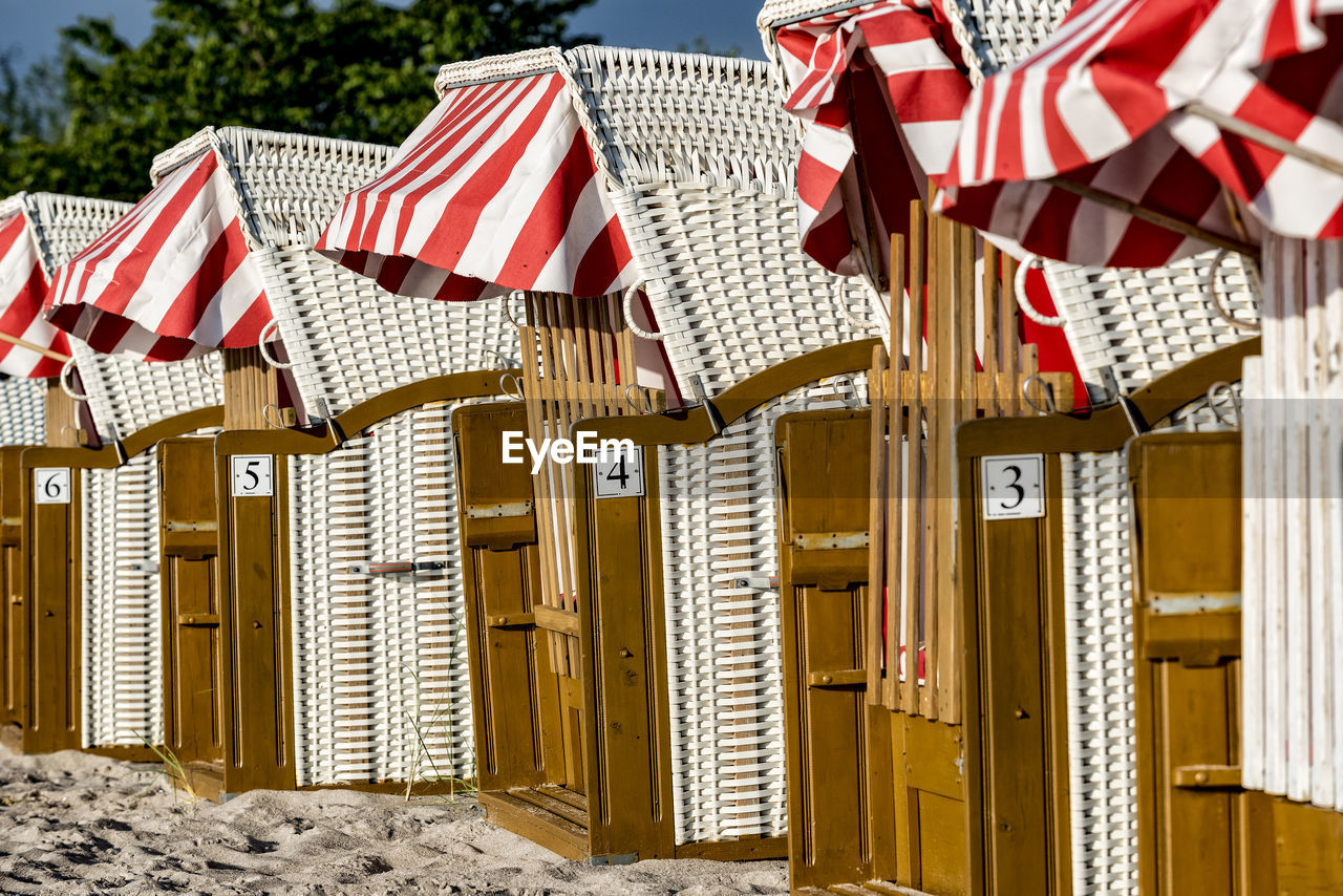 Close-up of beach huts against the sky