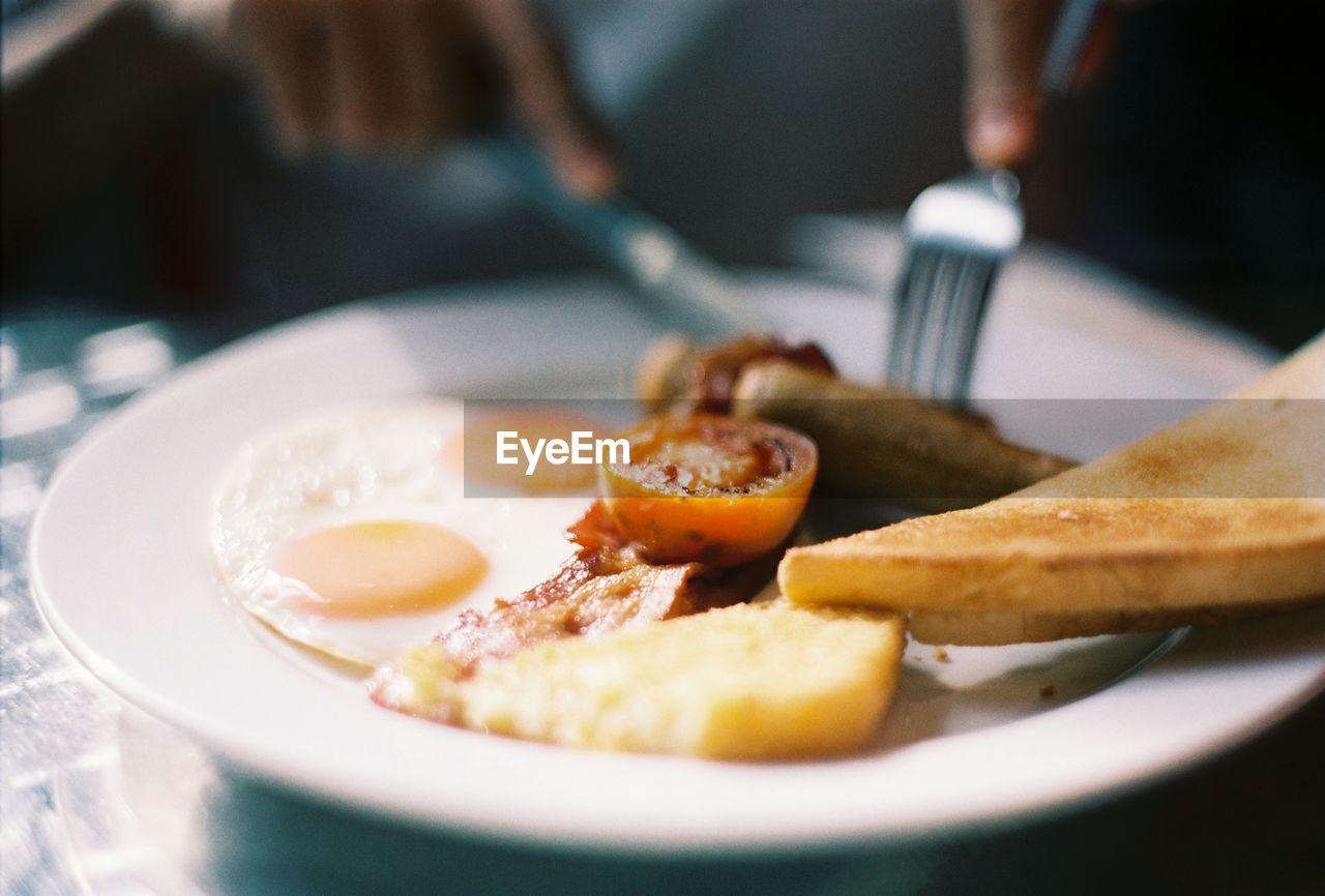 Close-up of breakfast served in plate