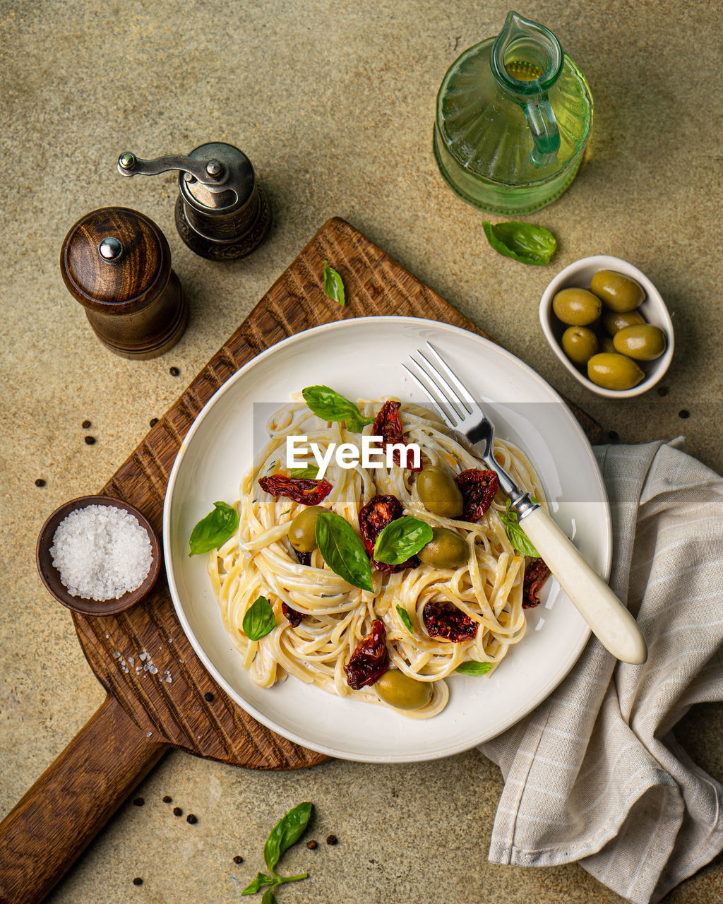 High angle view of meal served on table