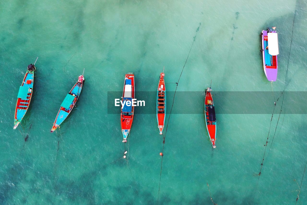 High angle view of boats moored in sea