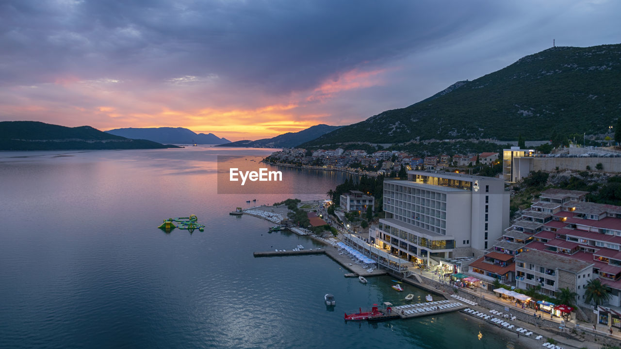 High angle view of sea against sky during sunset