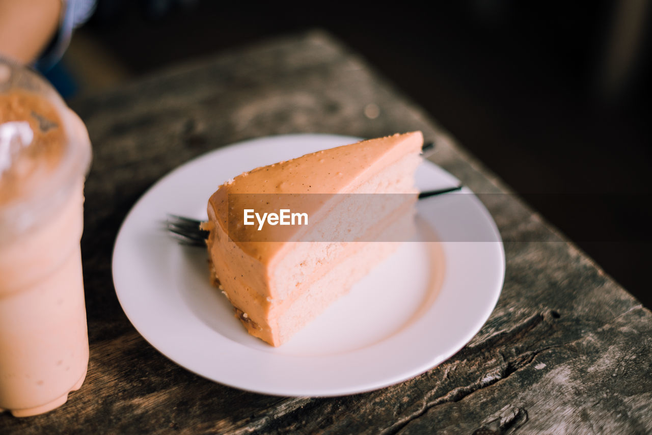 High angle view of cake in plate on table