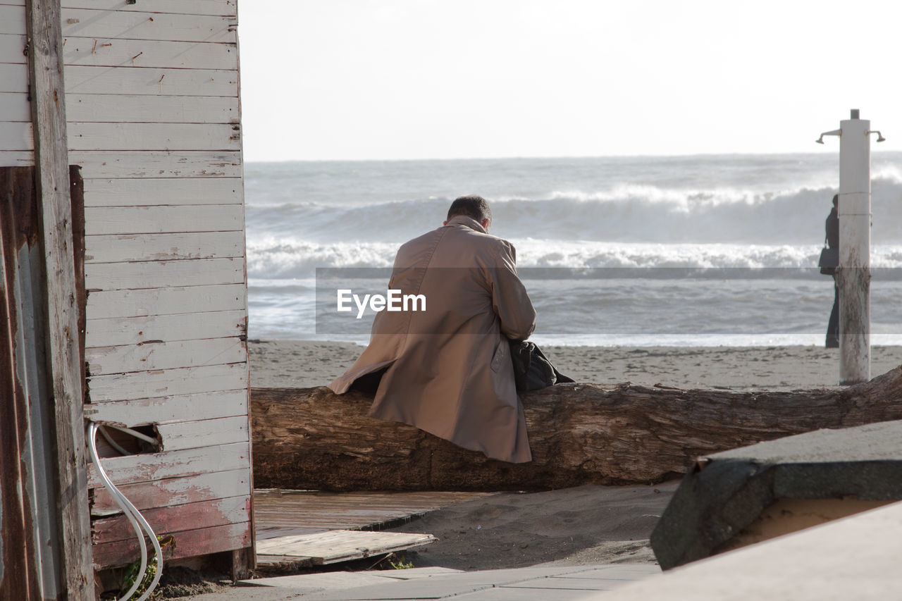 Rear view of man sitting on wood at beach