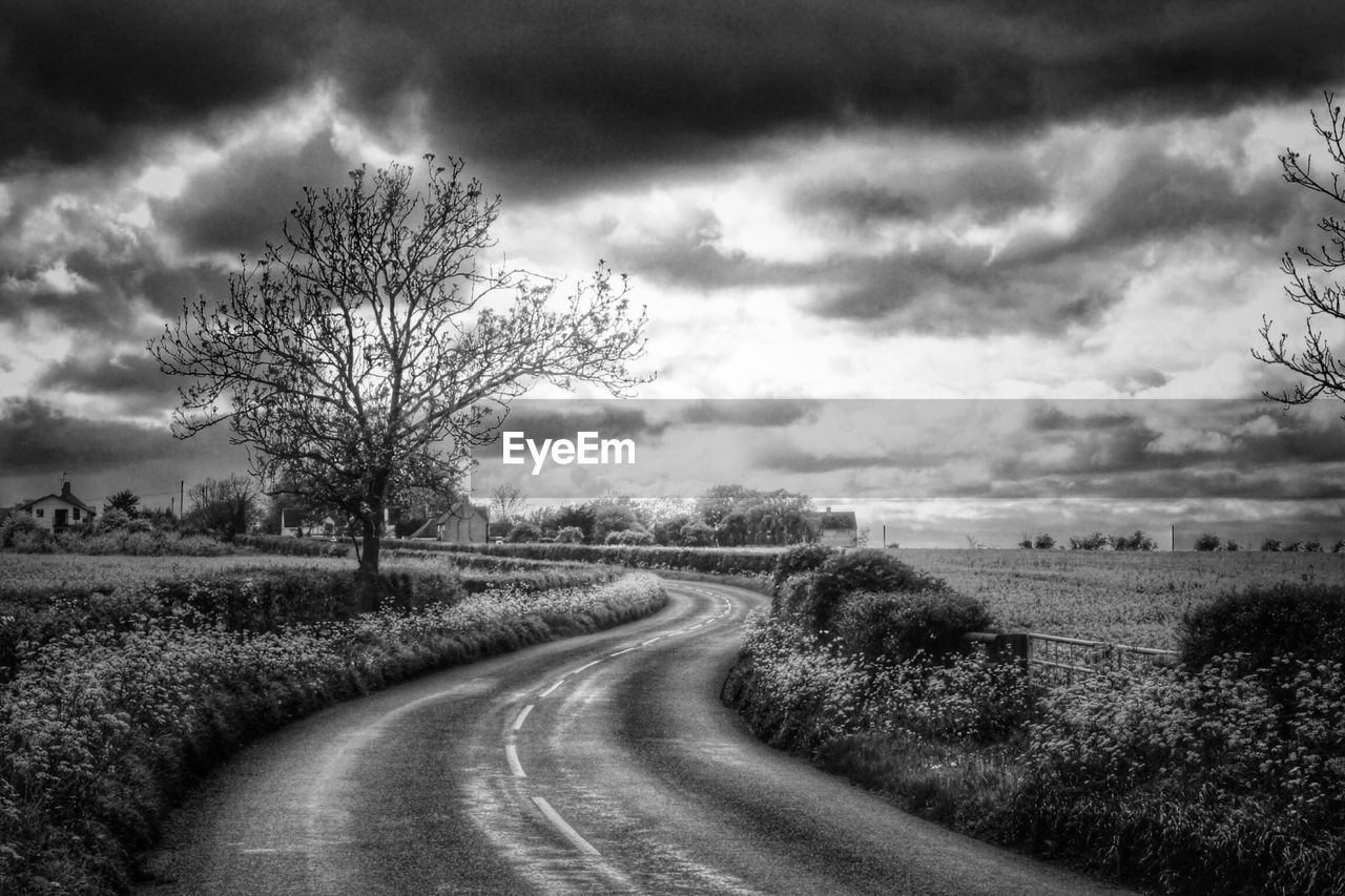 ROAD PASSING THROUGH FIELD AGAINST CLOUDY SKY