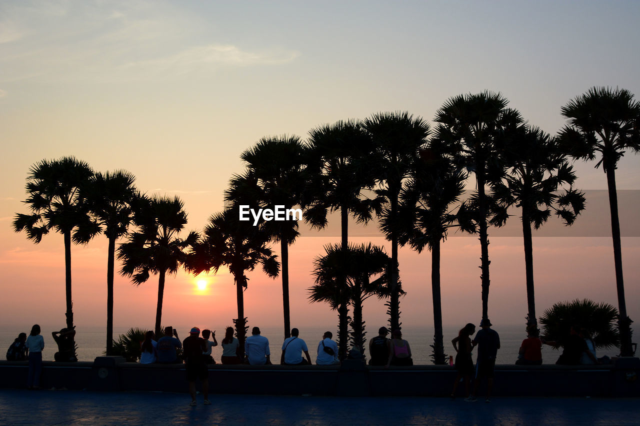 tree, palm tree, tropical climate, sky, sunset, dusk, water, evening, plant, nature, silhouette, group of people, travel destinations, holiday, beauty in nature, coconut palm tree, horizon, reflection, vacation, trip, sea, beach, travel, tranquility, outdoors, sunlight, large group of people, tourism, land, scenics - nature, tranquil scene, lifestyles, tropical tree, crowd, sun, men, leisure activity, tourist, idyllic, adult, cloud, orange color, twilight