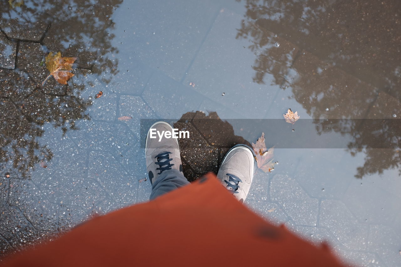 Low section of man standing on puddle