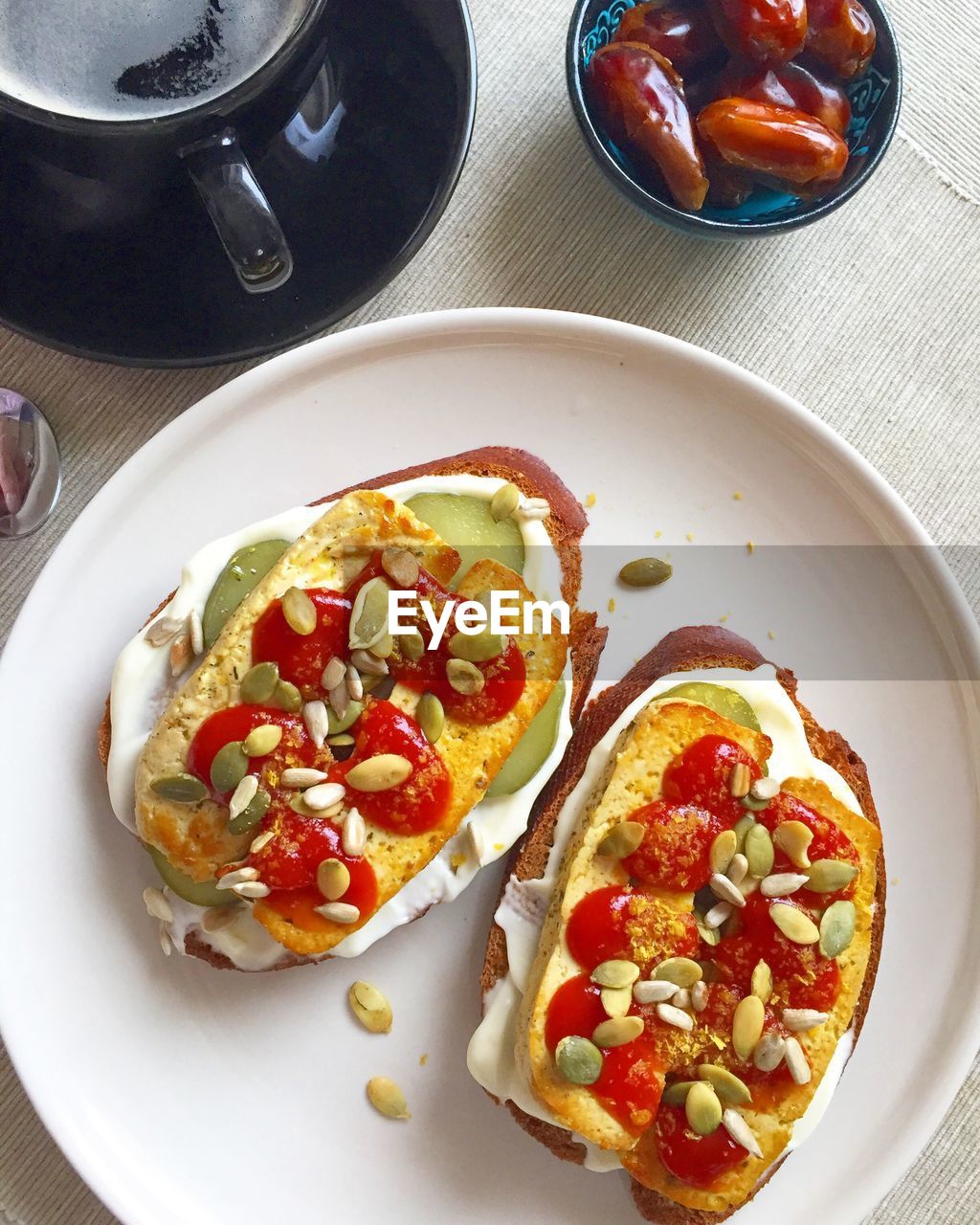 Directly above view of breakfast served on table