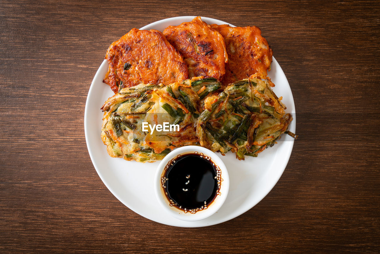 high angle view of food served in plate on table