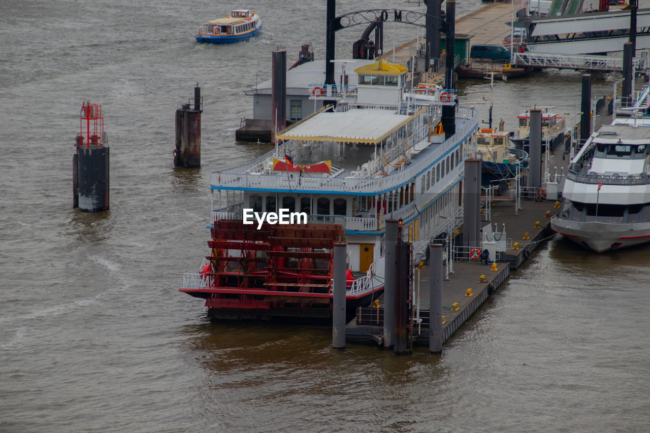 High angle view of ship moored at harbor