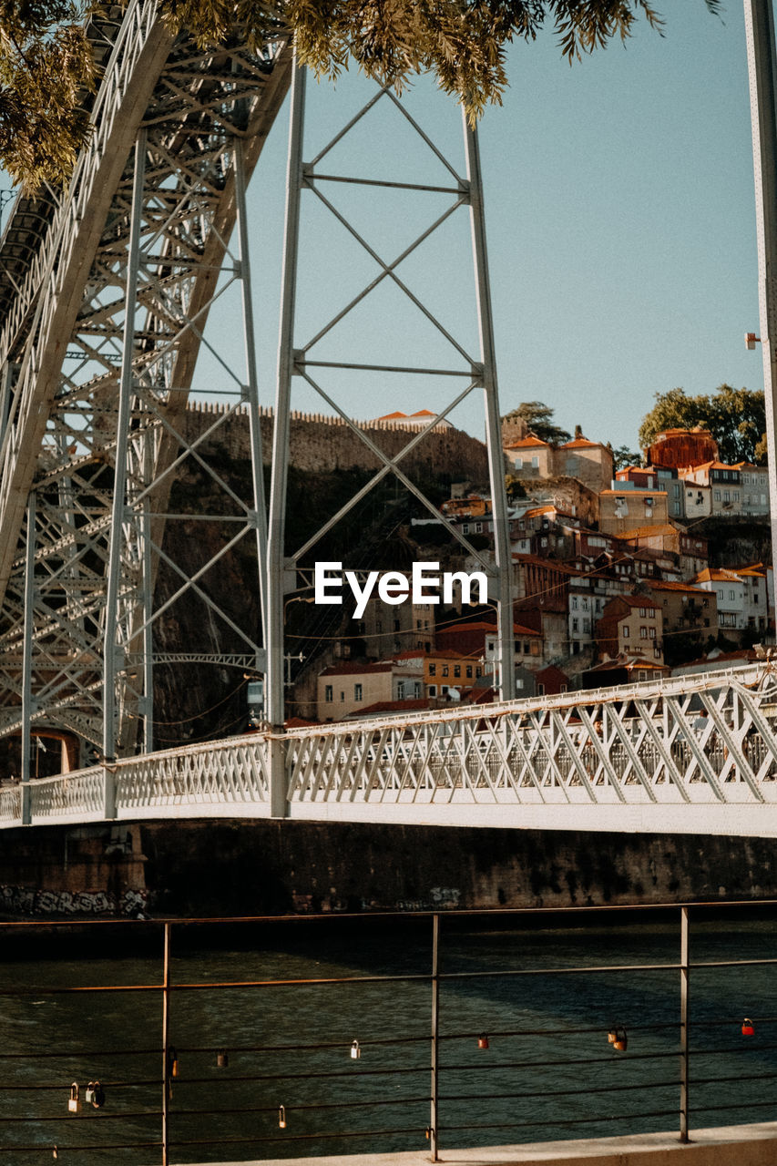 Bridge over river against buildings in city