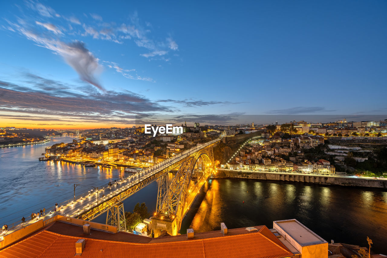 View of porto with the dom luis i bridge and the river douro after sunset