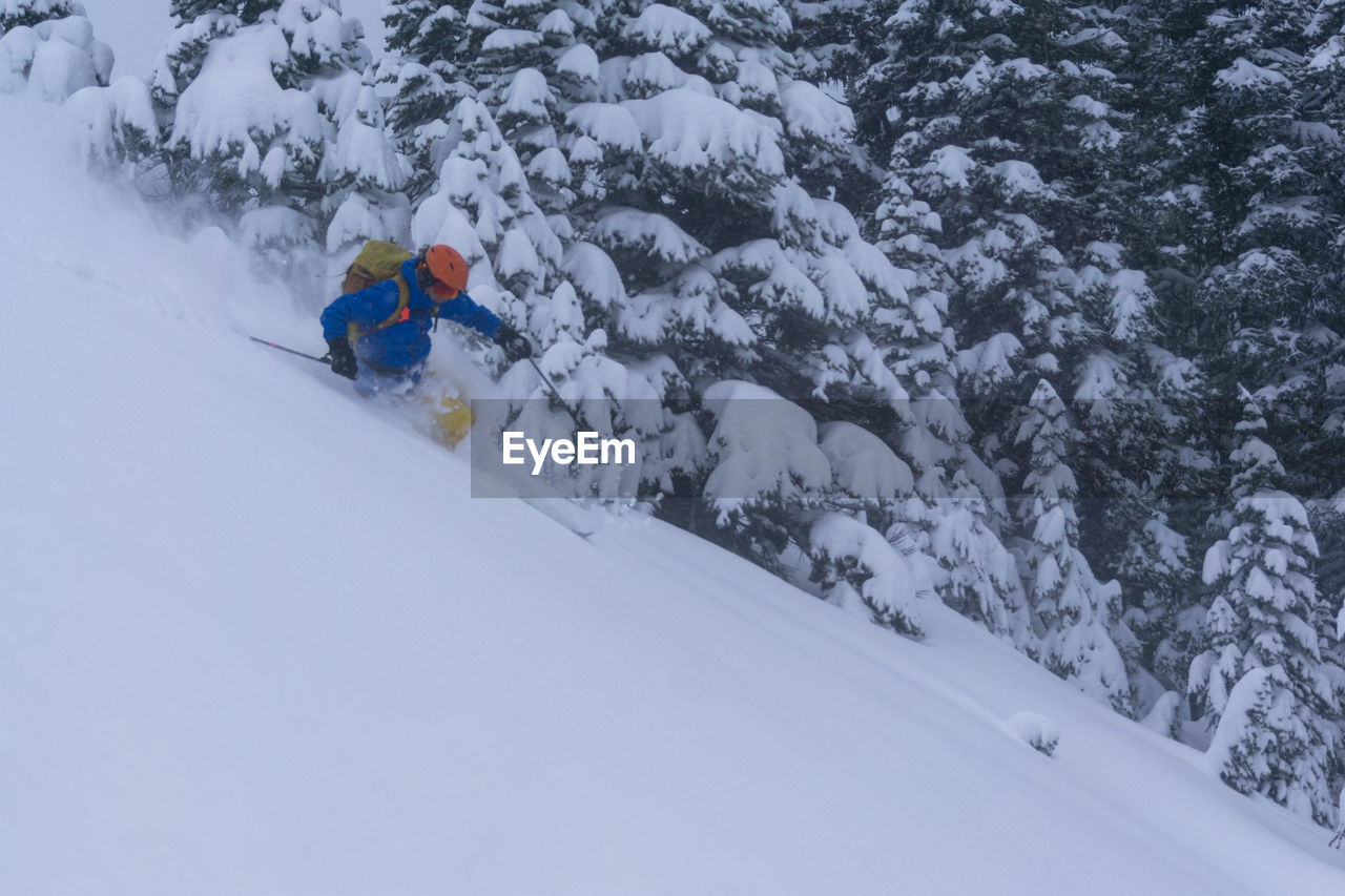 Person skiing on snowcapped mountain