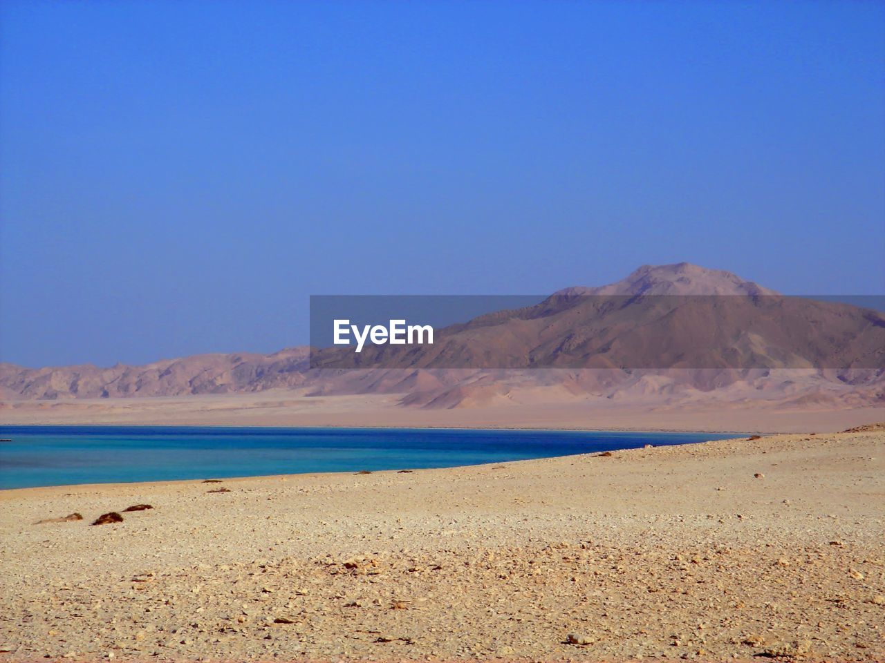 Scenic view of beach against clear blue sky