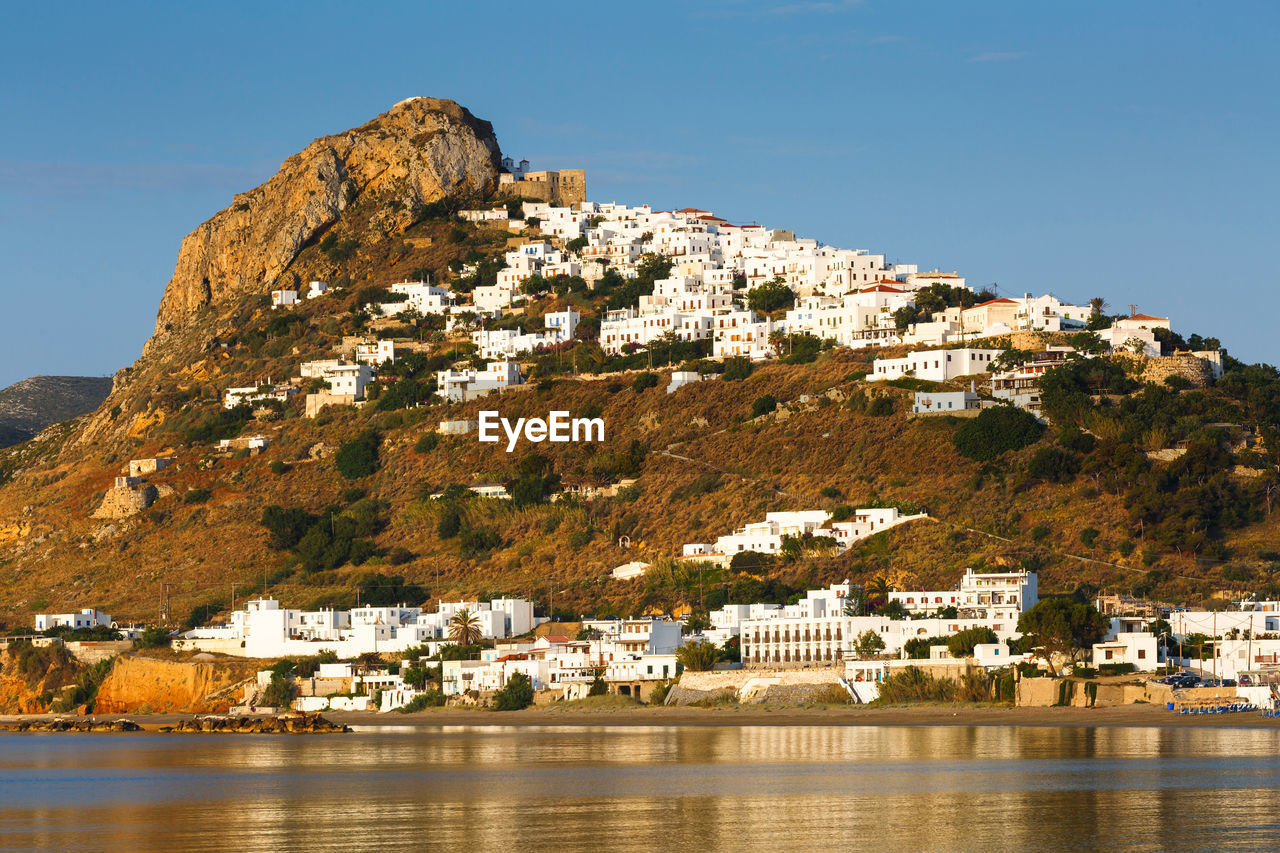 Chora of skyros island as seen from a nearby beach, greece.