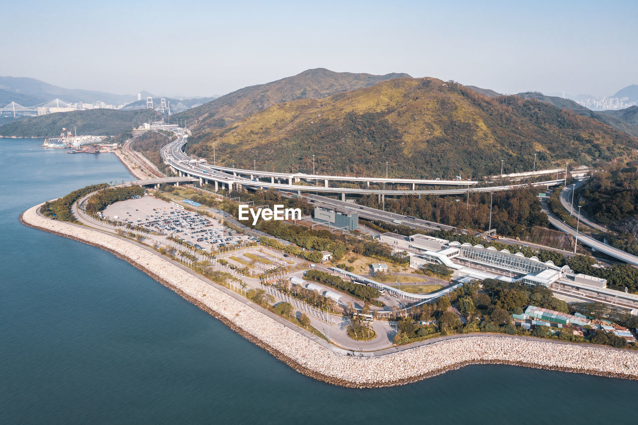 High angle view of dam against sky