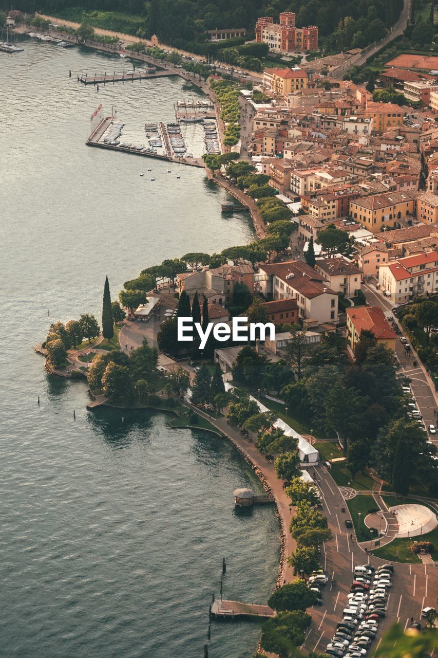 High angle view of river amidst buildings in city