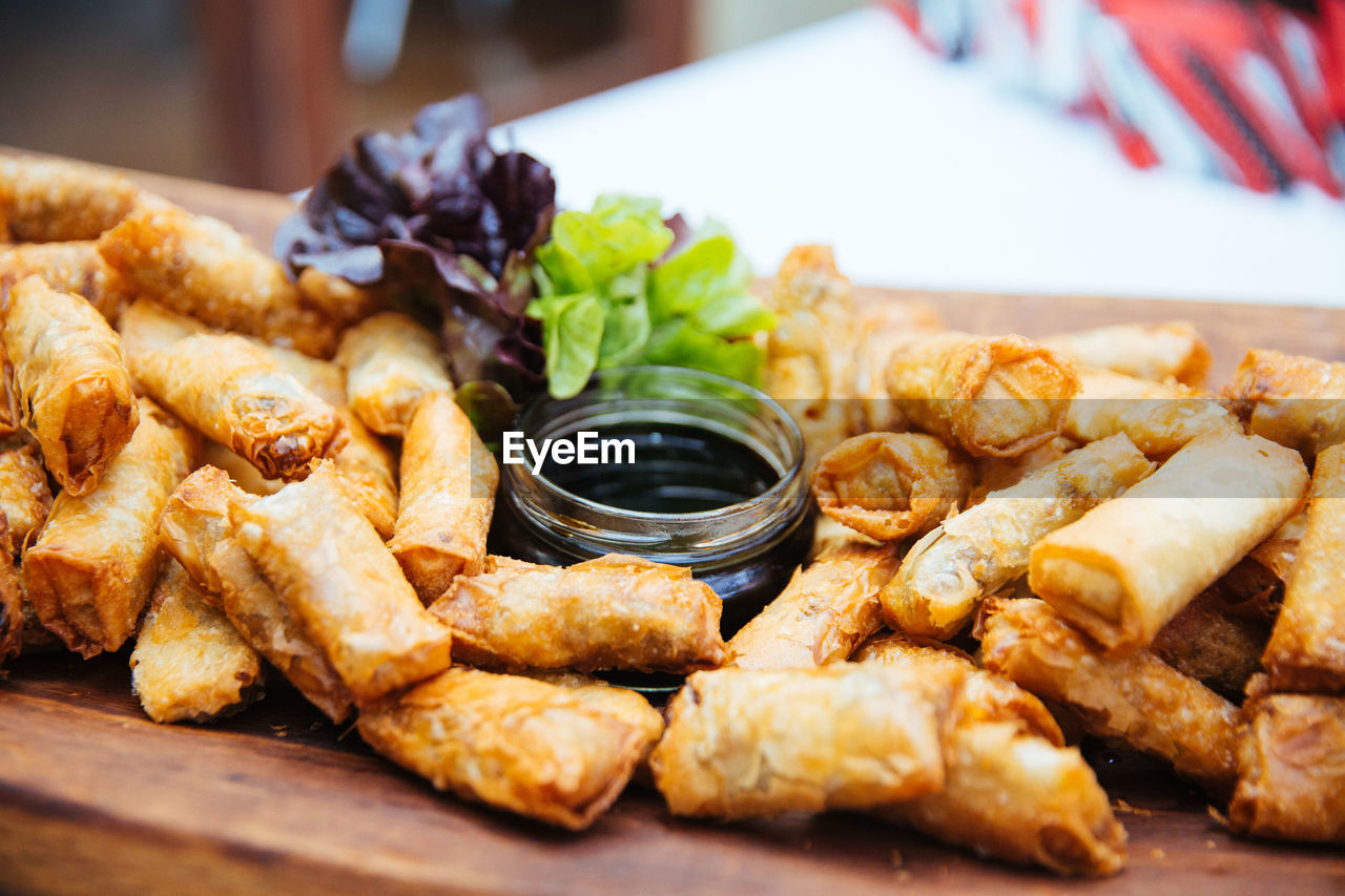 Close-up of food served in tray on table