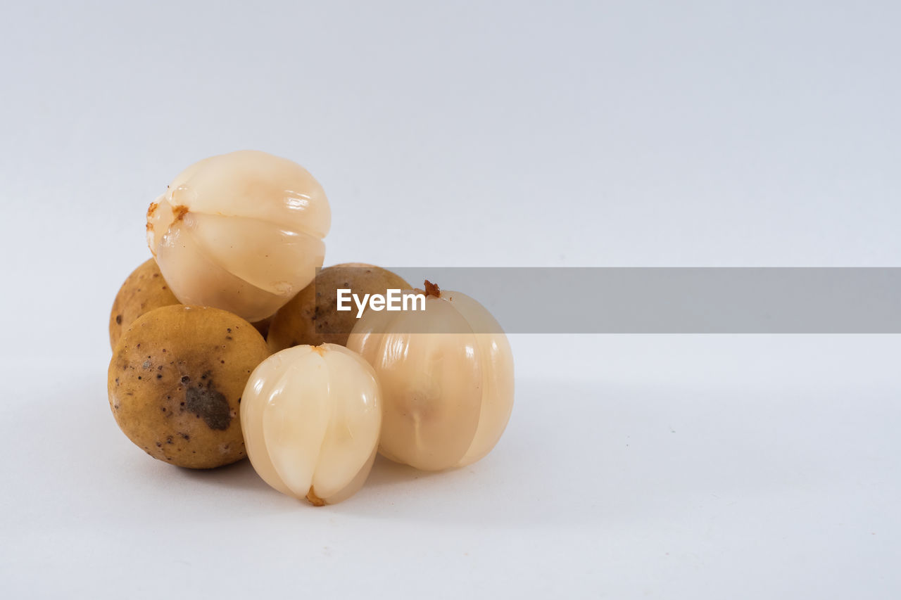 HIGH ANGLE VIEW OF EGGS IN WHITE BACKGROUND