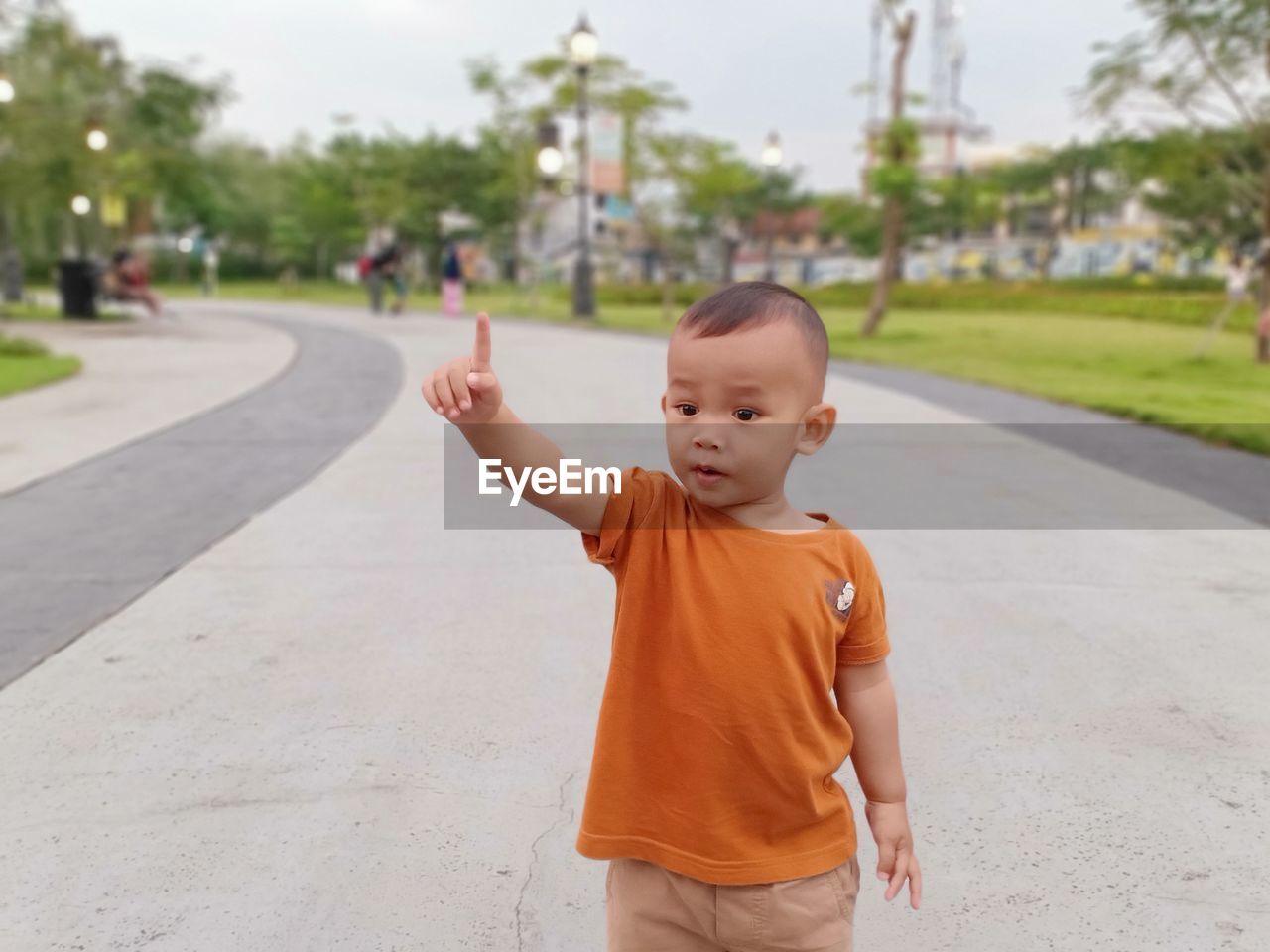 Portrait of asian boy standing on park road