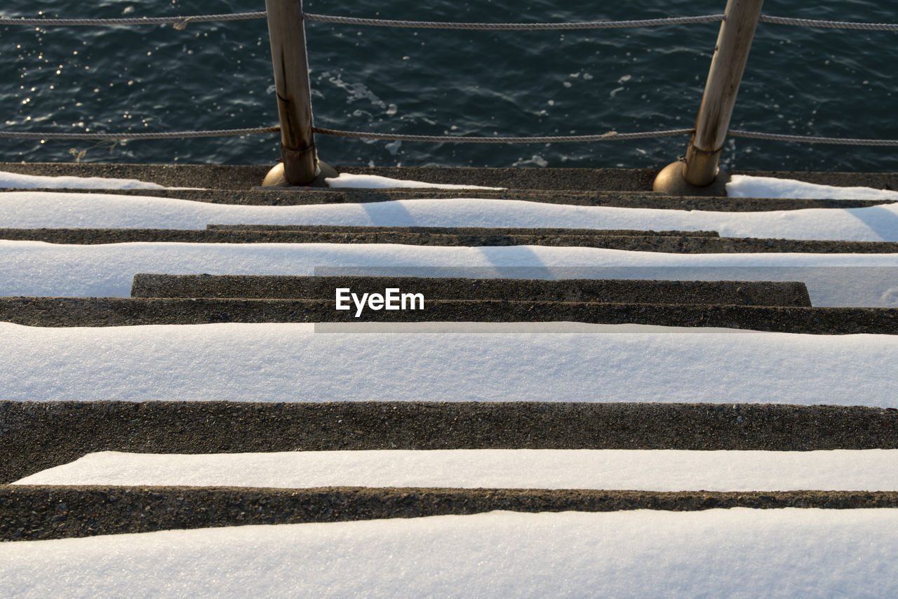 High angle view of snow on steps
