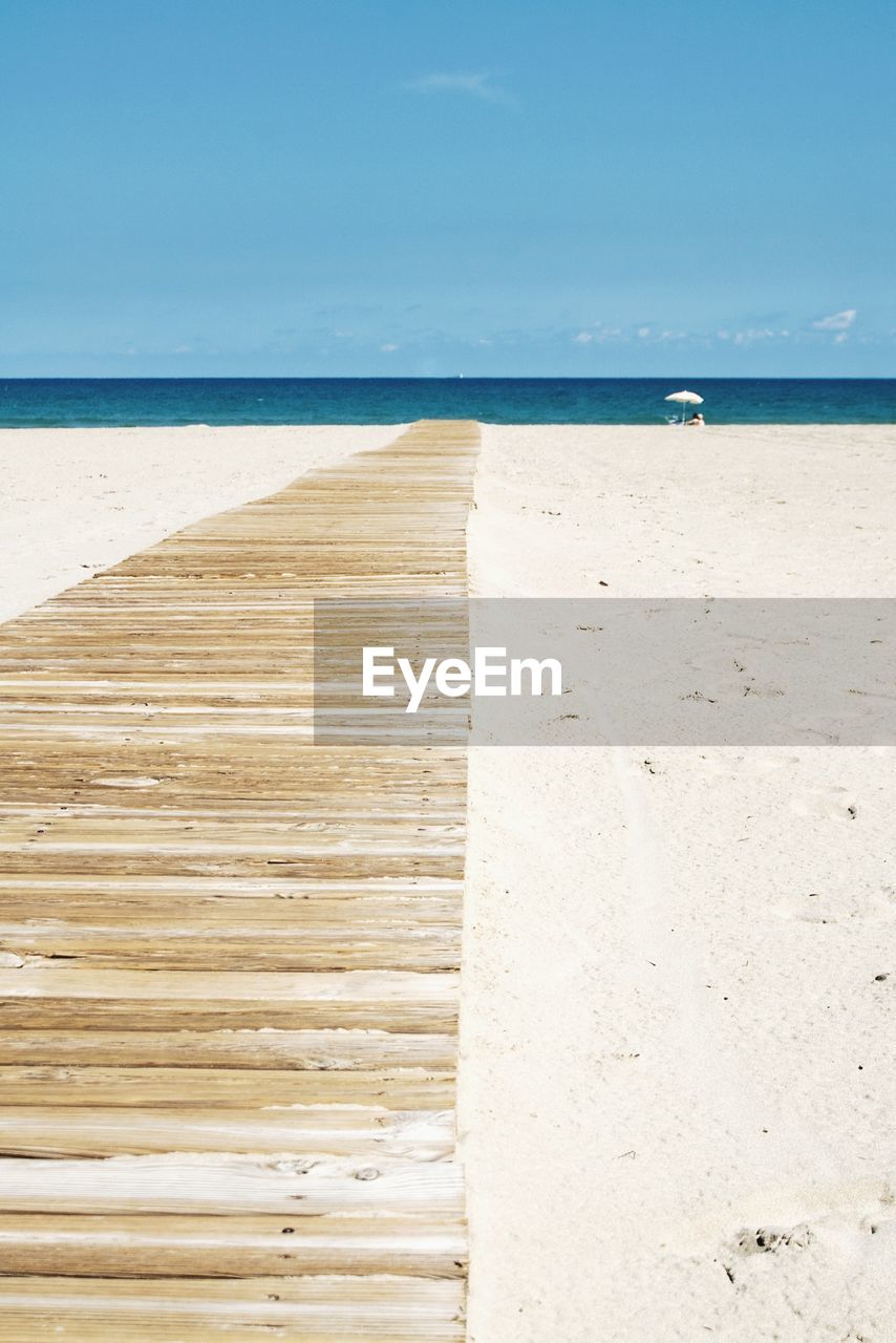 Boardwalk at beach against sky