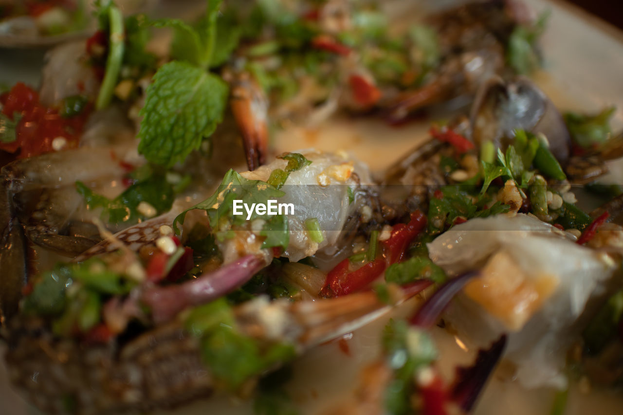 Close-up of thai spicy blue crab salad on table