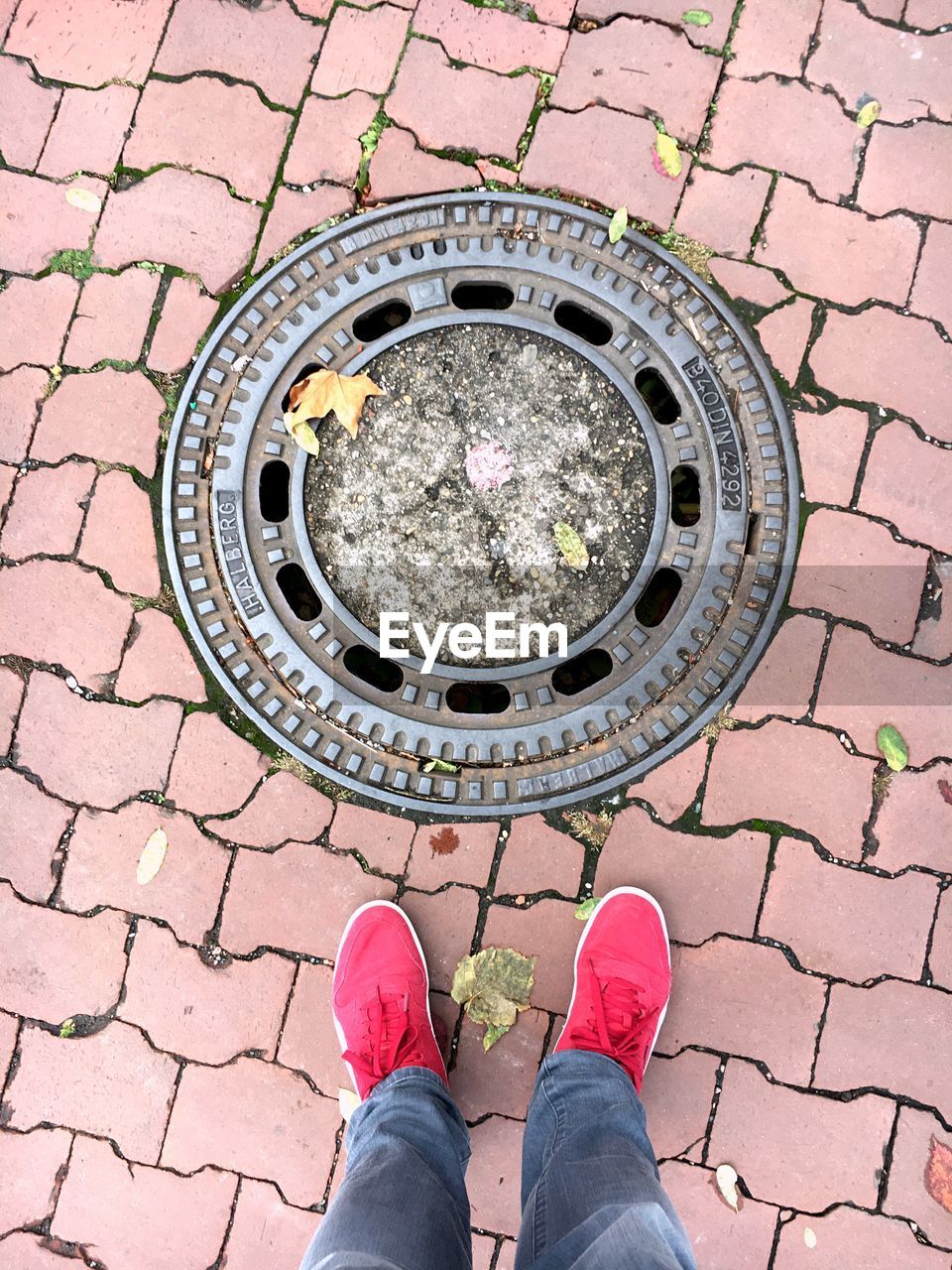 Low section of person standing by manhole lid on footpath