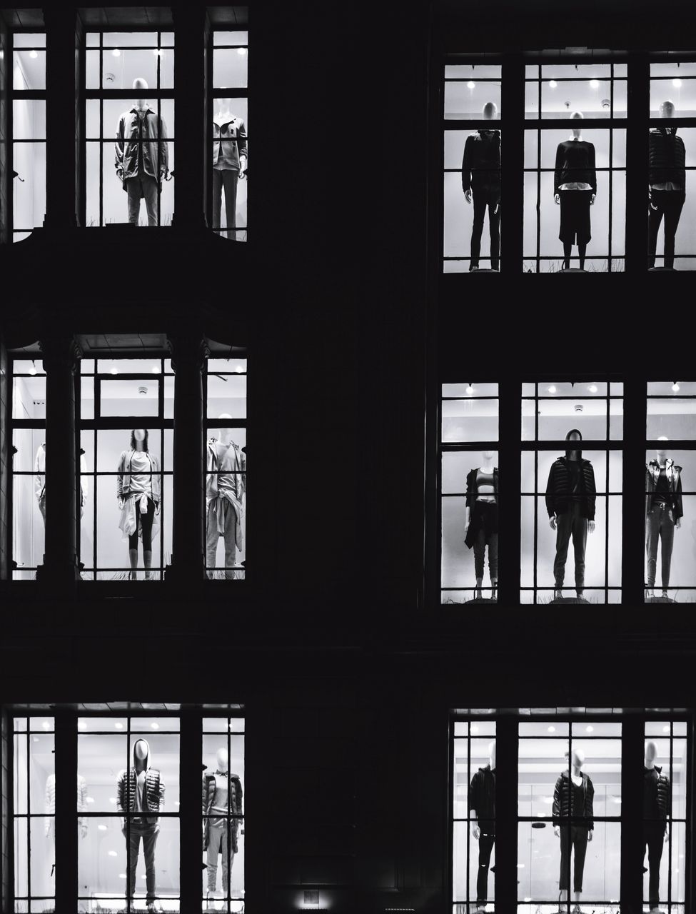 silhouette, window, architecture, black and white, group of people, men, monochrome, built structure, font, indoors, glass, monochrome photography, building, black, adult, city, travel, day, crowd, women, lifestyles