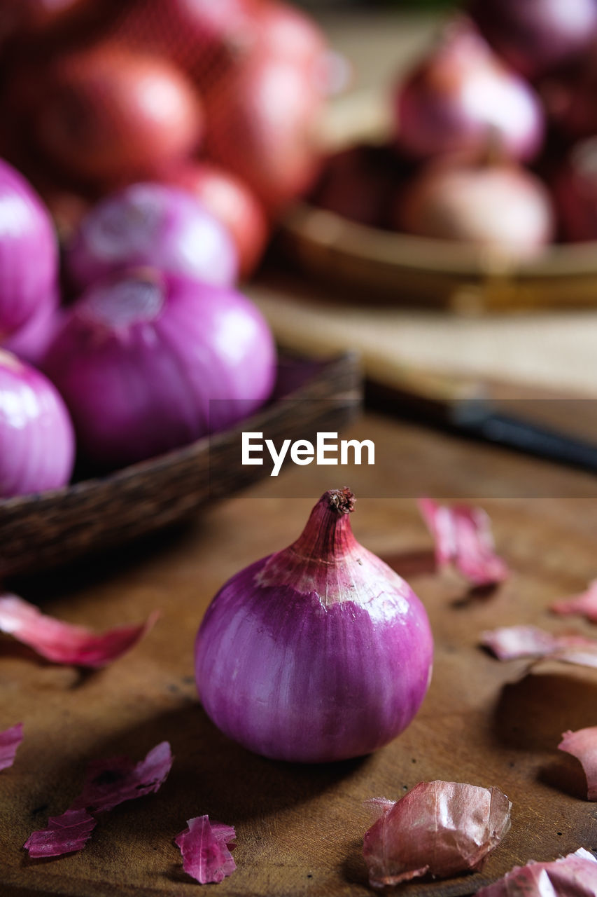 Close-up of onions on table