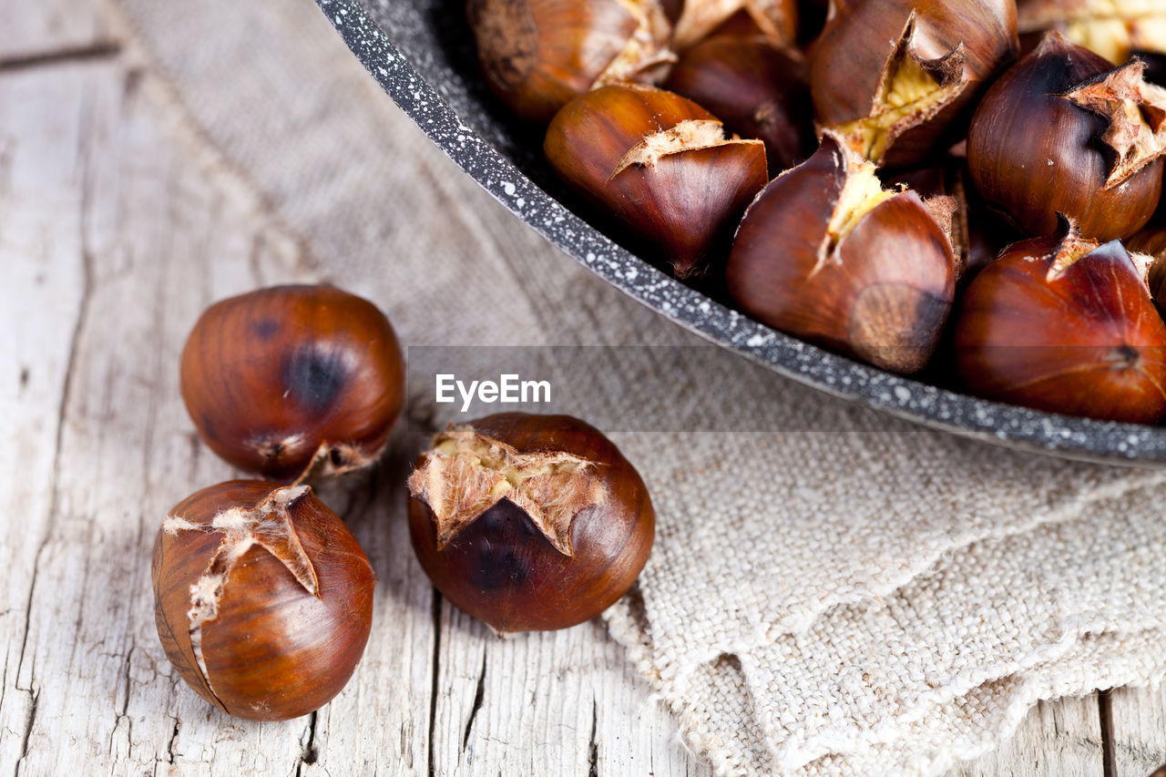 high angle view of food on wooden table