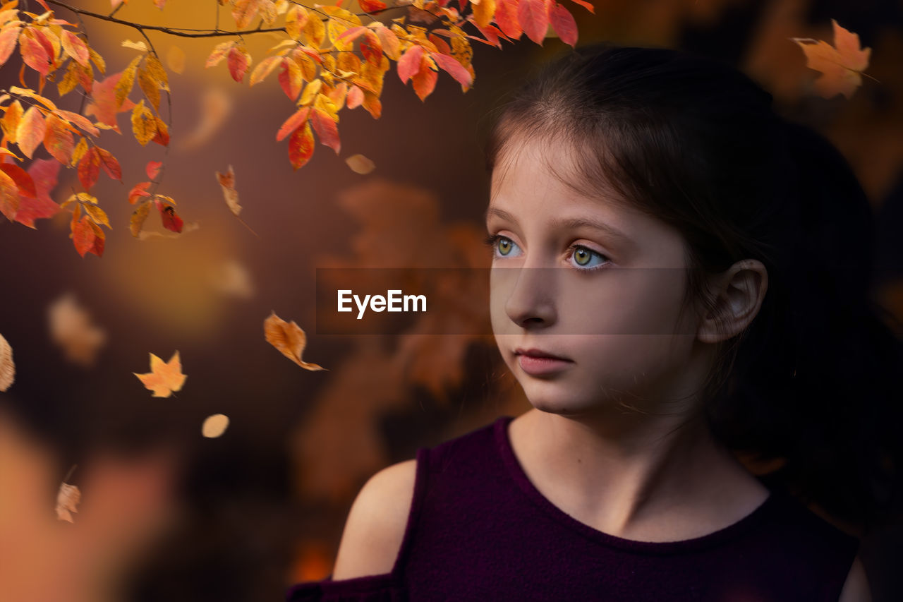 Close-up of cute girl looking away standing outdoors during autumn